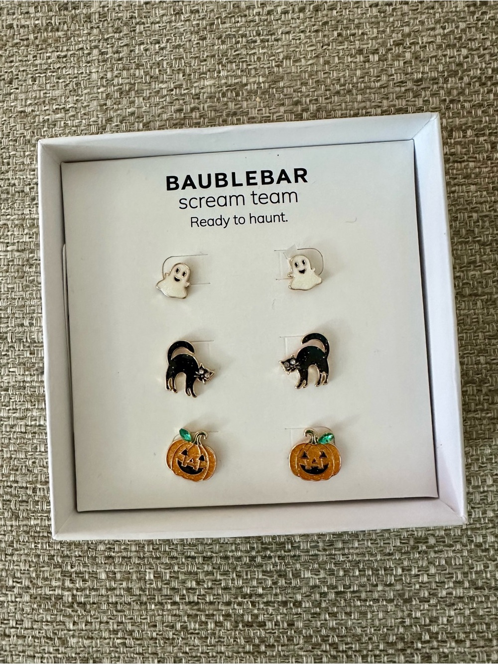 BaubleBar Halloween Earring Set of 3 pairs Ghost Cat Pumpkin NIB - Picture 5 of 7